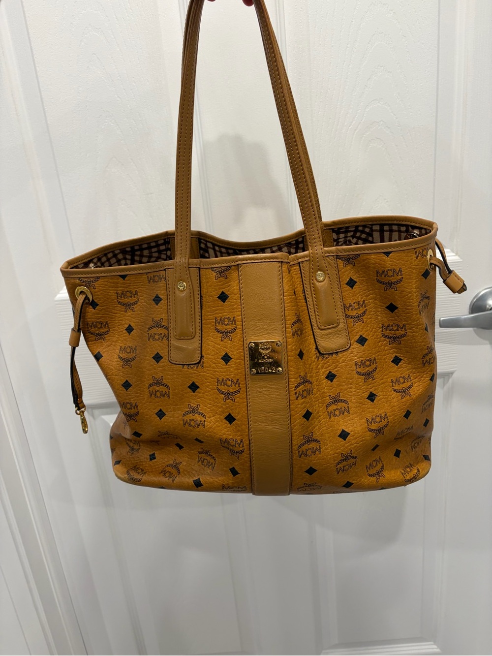 MCM Vintage Cognac Visetos Monogram Shopper Shoulder Tote